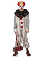 Läskig clown från IT, jumpsuit-dräkt med pom pom, vertikala ränder